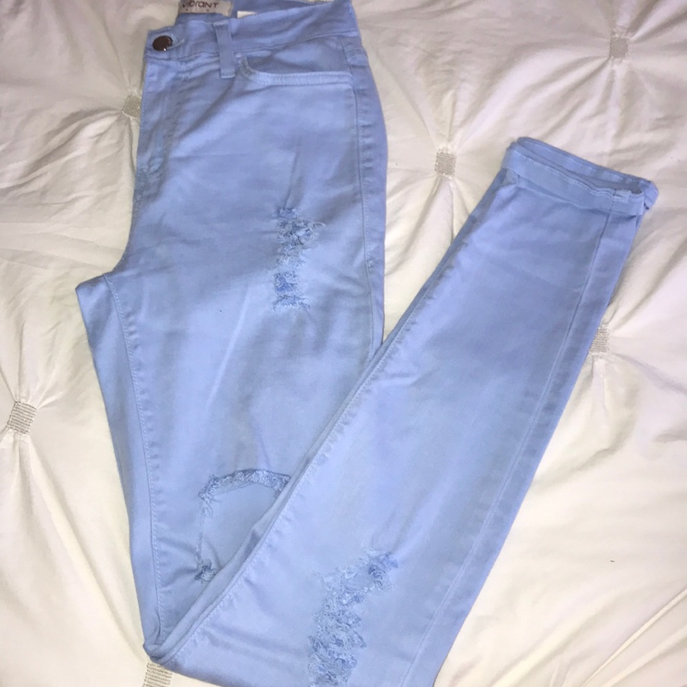 High waisted baby blue distressed pants